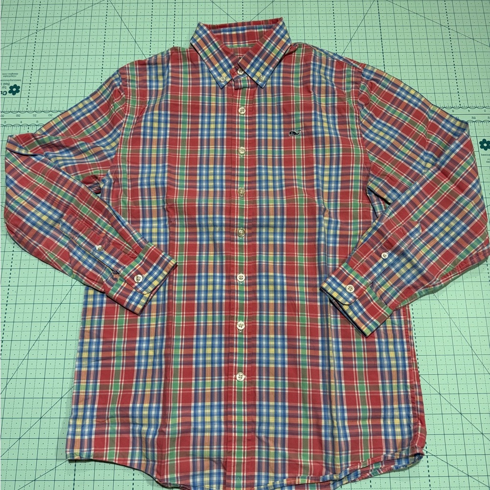 Vineyard Vines Whale Button Down Boys Red, blue, white Plaid long sleeve size L